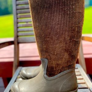 Tall, Brown Muck Boots, size 8 with corduroy. Winter rain boots